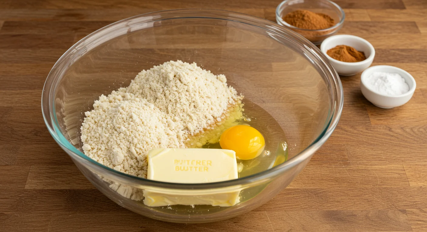 Keto Snickerdoodles Ingredients for Keto Snickerdoodles in a glass bowl with almond flour, butter, and egg, surrounded by small bowls of cinnamon and baking powder on a wooden counter.