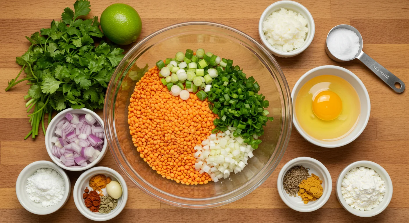 high-protein Red Lentil Fritters Ingredients for red lentil fritters in a glass bowl, including lentils, scallions, cilantro, spices, and rice flour on a rustic countertop.