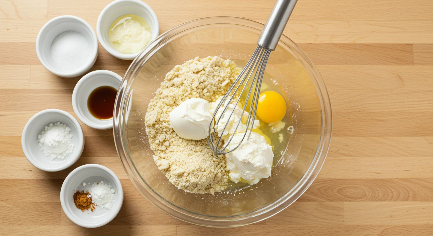 Keto Pancakes Keto pancake ingredients in a glass bowl with small bowls of almond flour, cream cheese, and eggs on a wooden countertop.