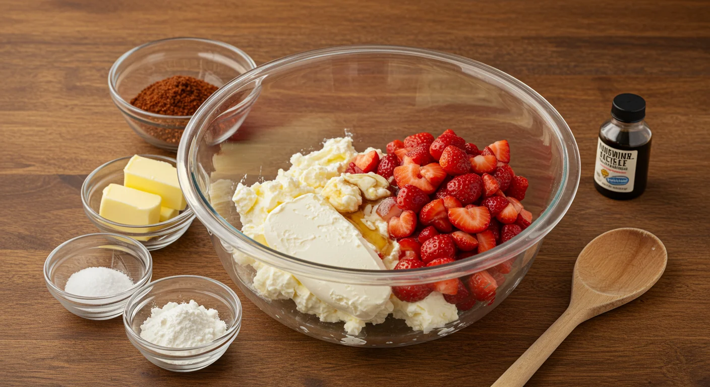 Keto Strawberry Cheesecake Fat Bombs Glass bowl with cream cheese, chopped strawberries, butter, vanilla, and sweetener on a wooden countertop with natural light.