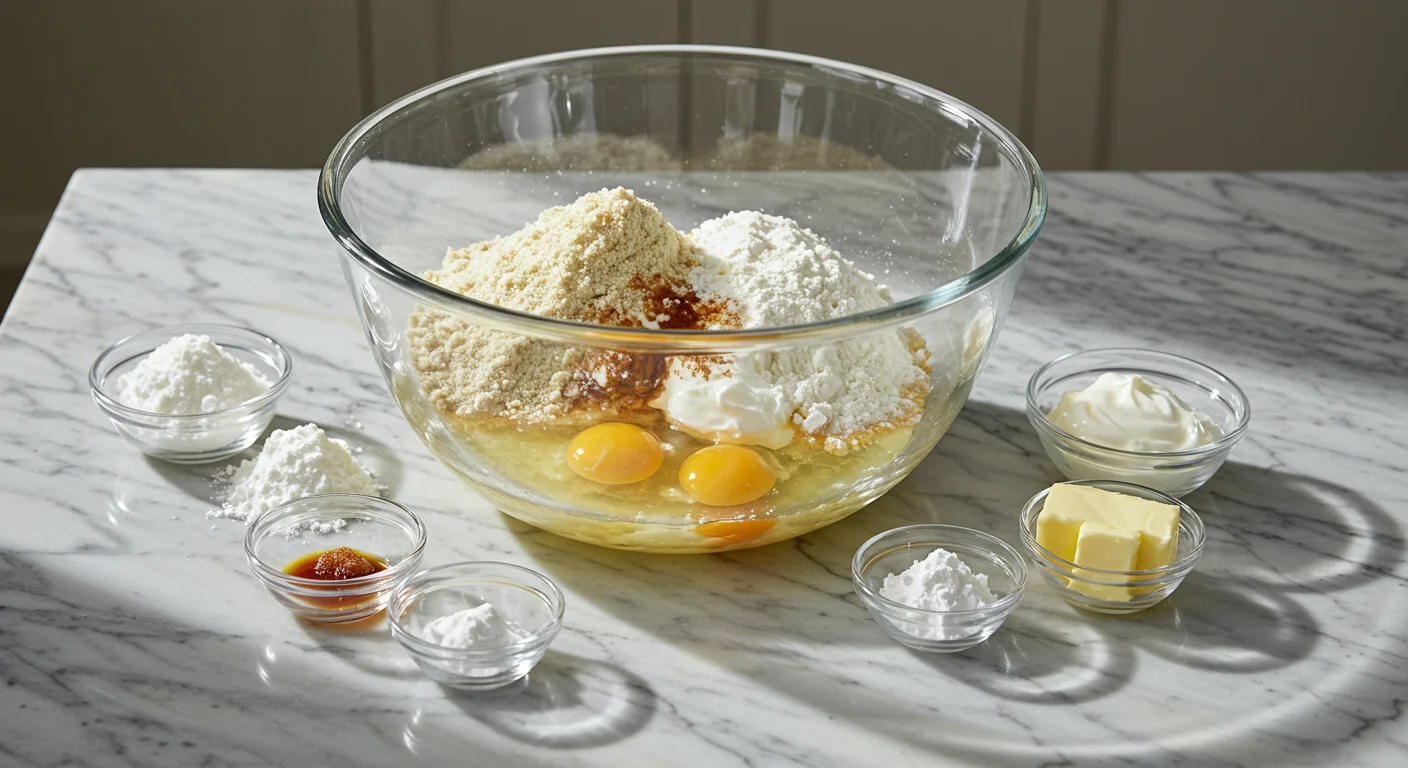 Keto Cloud Cake Glass bowl with almond flour, coconut flour, eggs, yogurt, and butter, surrounded by small bowls of baking powder, erythritol, and vanilla on a marble countertop.