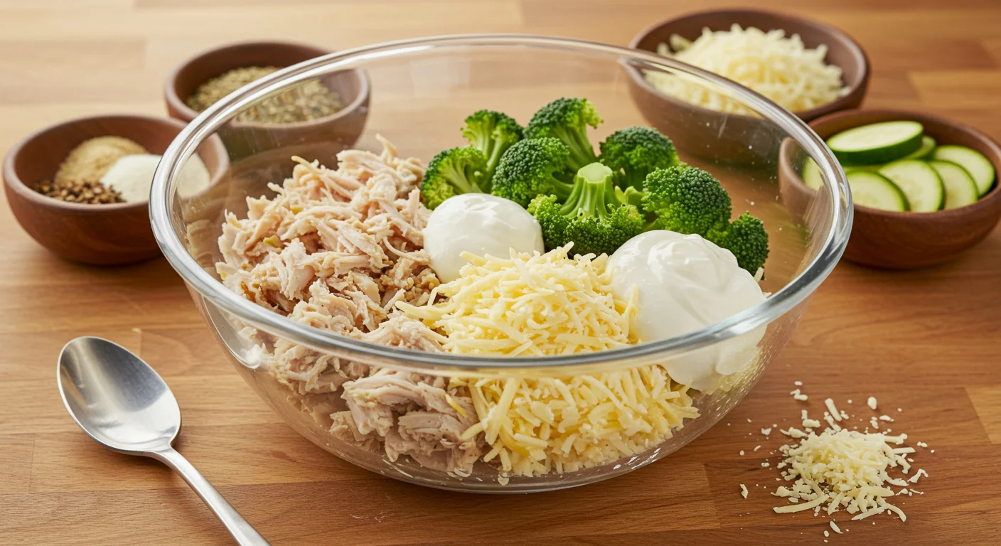 Cheesy Chicken Broccoli Lasagna Ingredients for cheesy chicken broccoli lasagna in a glass bowl with spices and zucchini on a wooden countertop.