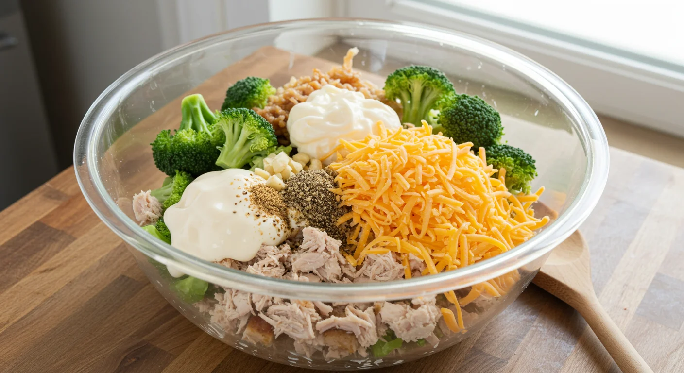 Chicken Broccoli Cream Cheese Casserole Ingredients for Keto Chicken Broccoli Cream Cheese Casserole in a glass bowl on a wooden counter.