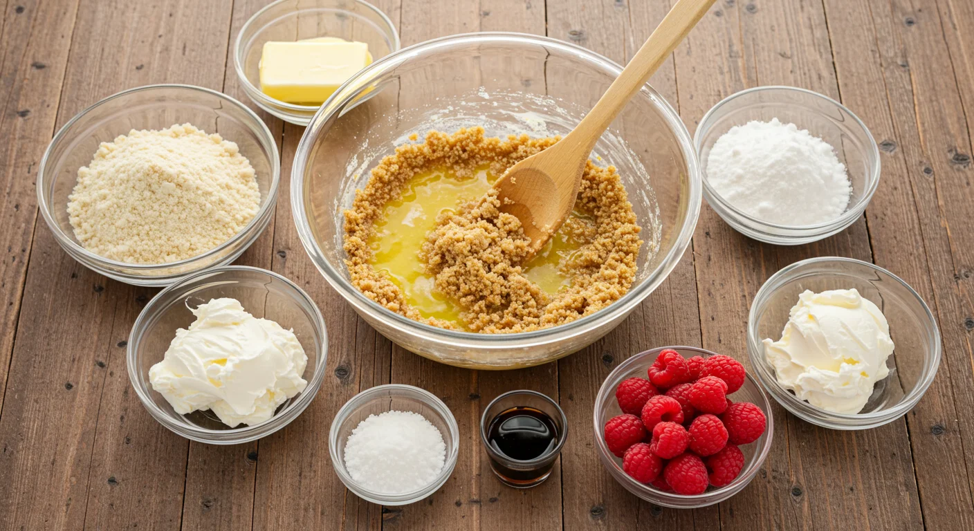 Keto Raspberry Cheesecake Bites Ingredients for Keto Raspberry Cheesecake Bites in small glass bowls on a wooden table, with a mixing bowl partially filled with crust ingredients and a wooden spoon.