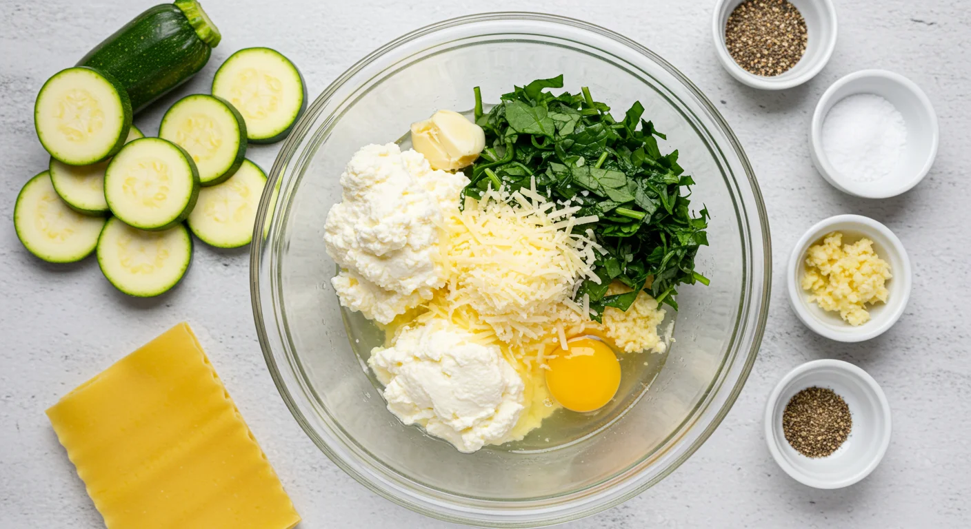 Zucchini Lasagna Roll Ups Overhead view of zucchini, ricotta, spinach, Parmesan, egg, and garlic in a glass bowl with spices on a kitchen counter.