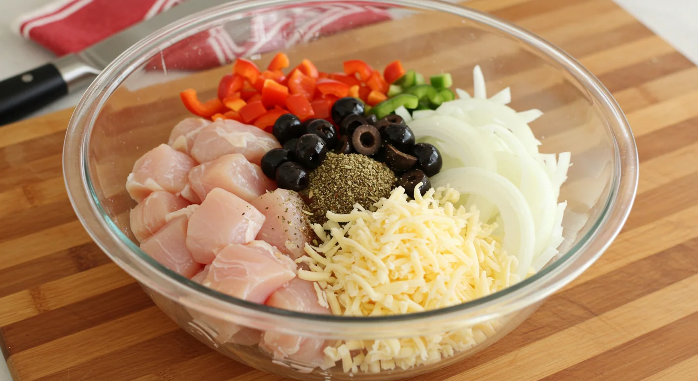 Keto Chicken Pizza Casserole Ingredients for Keto Chicken Pizza Casserole in a clear glass mixing bowl, including chicken cubes, bell peppers, onions, black olives, mozzarella cheese, and Italian seasoning, placed on a kitchen counter with a wooden cutting board and a red-and-white towel.