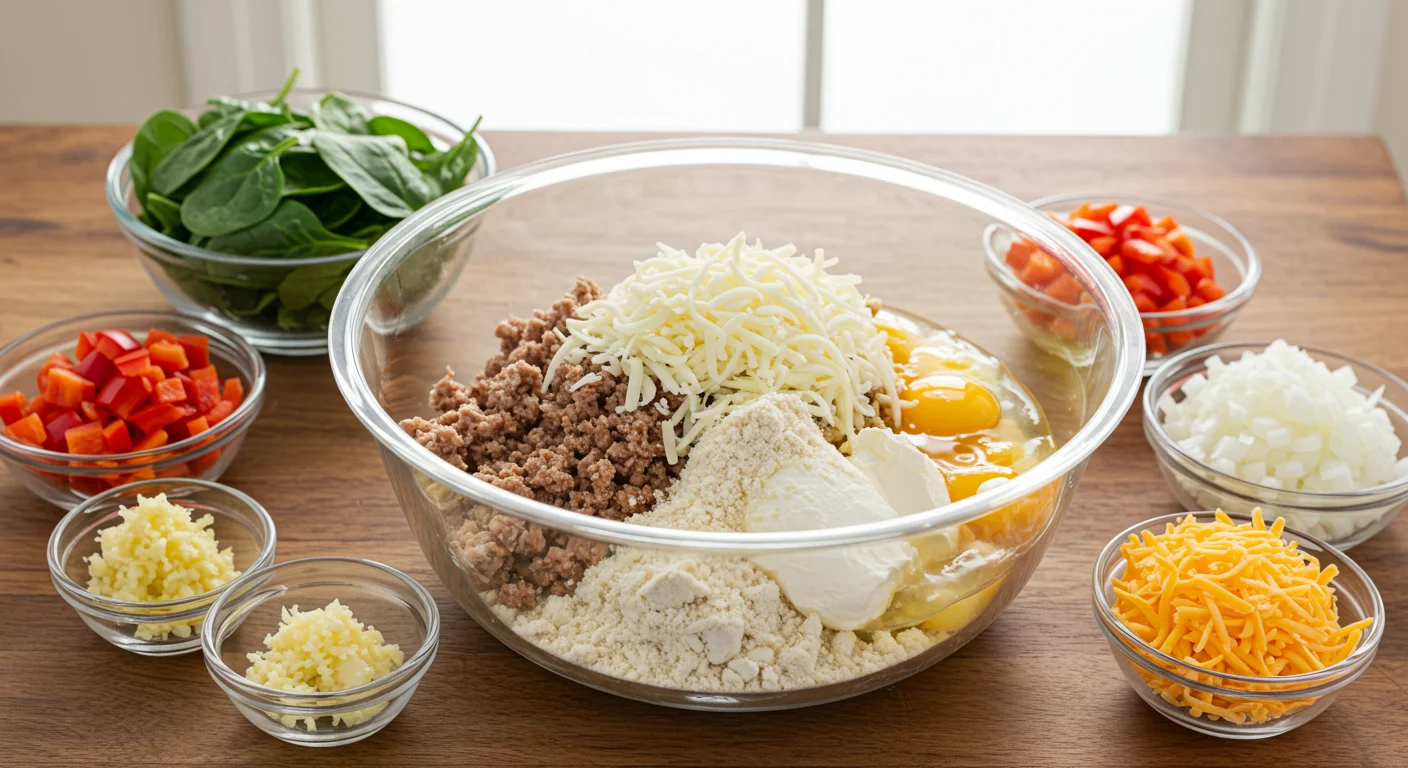 Crispy Sheet Pan Pizza Glass bowl with keto pizza dough ingredients surrounded by small bowls of spinach, garlic, onions, bell peppers, and cheese on a wooden countertop.