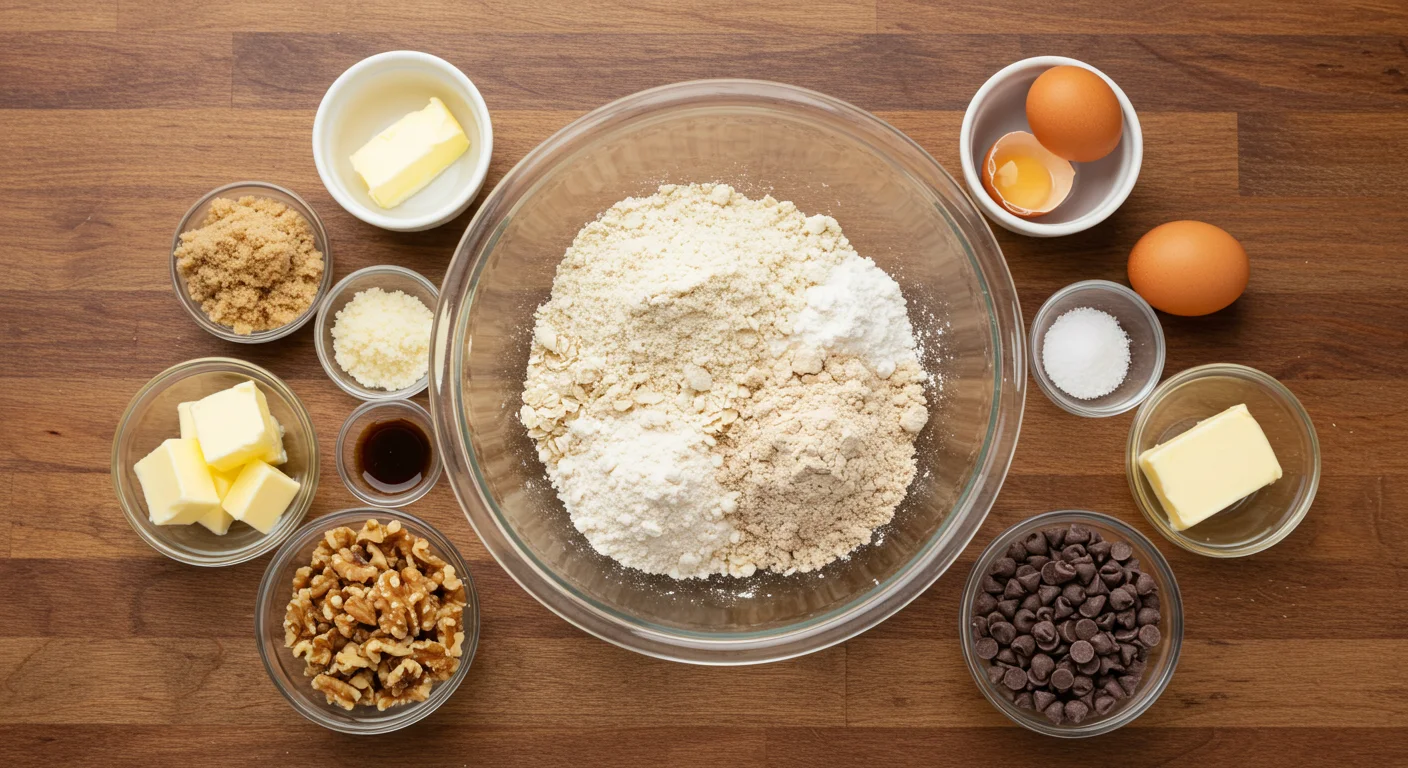 Irresistible High-Protein Chocolate Chip Cookies Ingredients for high-protein chocolate chip oatmeal cookies in a glass bowl, surrounded by small bowls with butter, chocolate chips, oats, and walnuts on a wooden countertop.