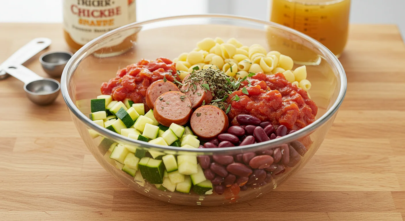 High-Protein Sausage & Kidney Bean Soup Ingredients for high-protein sausage and kidney bean soup in a glass bowl, featuring zucchini, pasta, sausage, beans, and tomatoes on a wooden countertop.