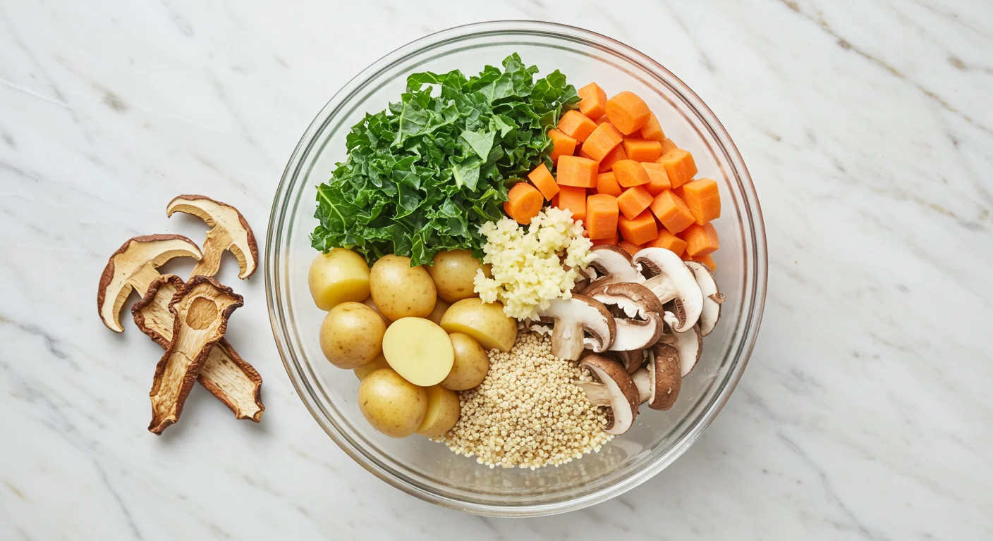 High-Protein Mushroom Stew Fresh ingredients for High-Protein Mushroom Stew in a glass bowl, including mushrooms, kale, potatoes, carrots, garlic, and quinoa on a marble countertop.