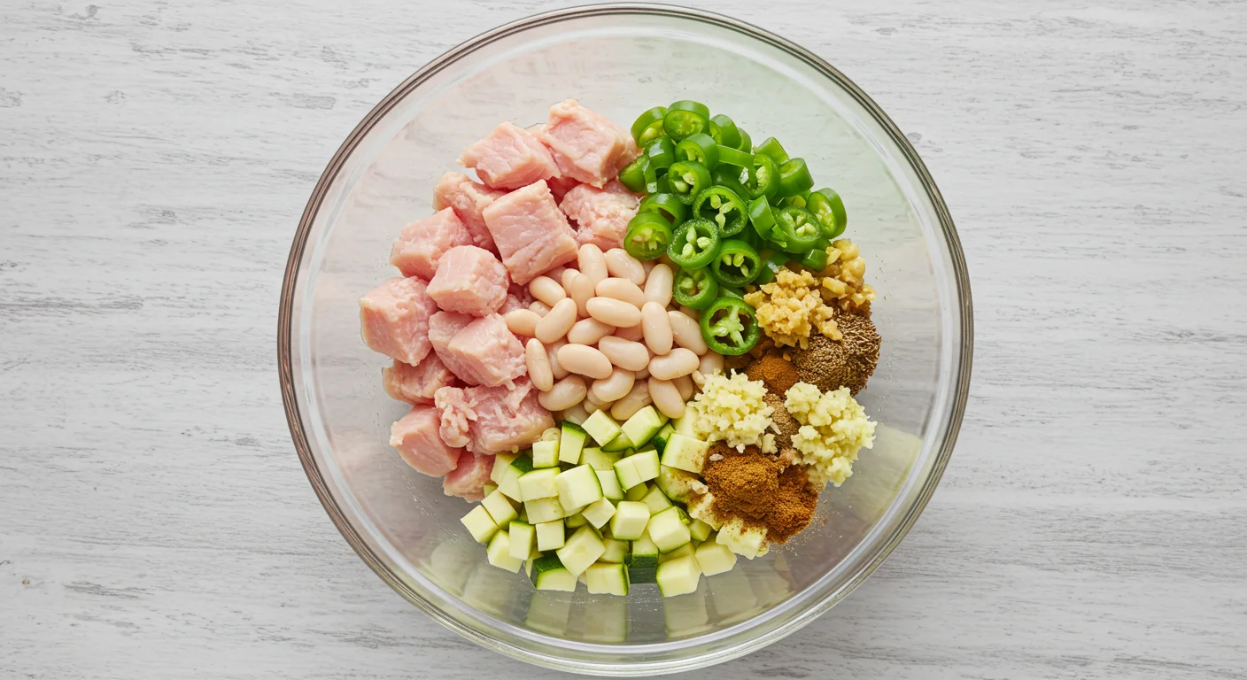 High-Protein White Turkey Chili Ingredients for high-protein white turkey chili in a glass bowl, including turkey, beans, zucchini, chiles, garlic, and spices.