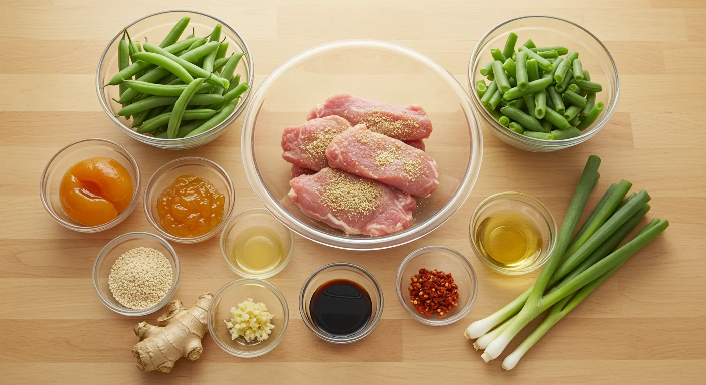 High-Protein Pork Stir-Fry Ingredients for high-protein pork and green bean stir-fry: raw pork in a glass bowl with cornstarch, surrounded by bowls of green beans, apricot jam, soy sauce, sesame oil, sesame seeds, garlic, ginger, and scallions on a wooden countertop.