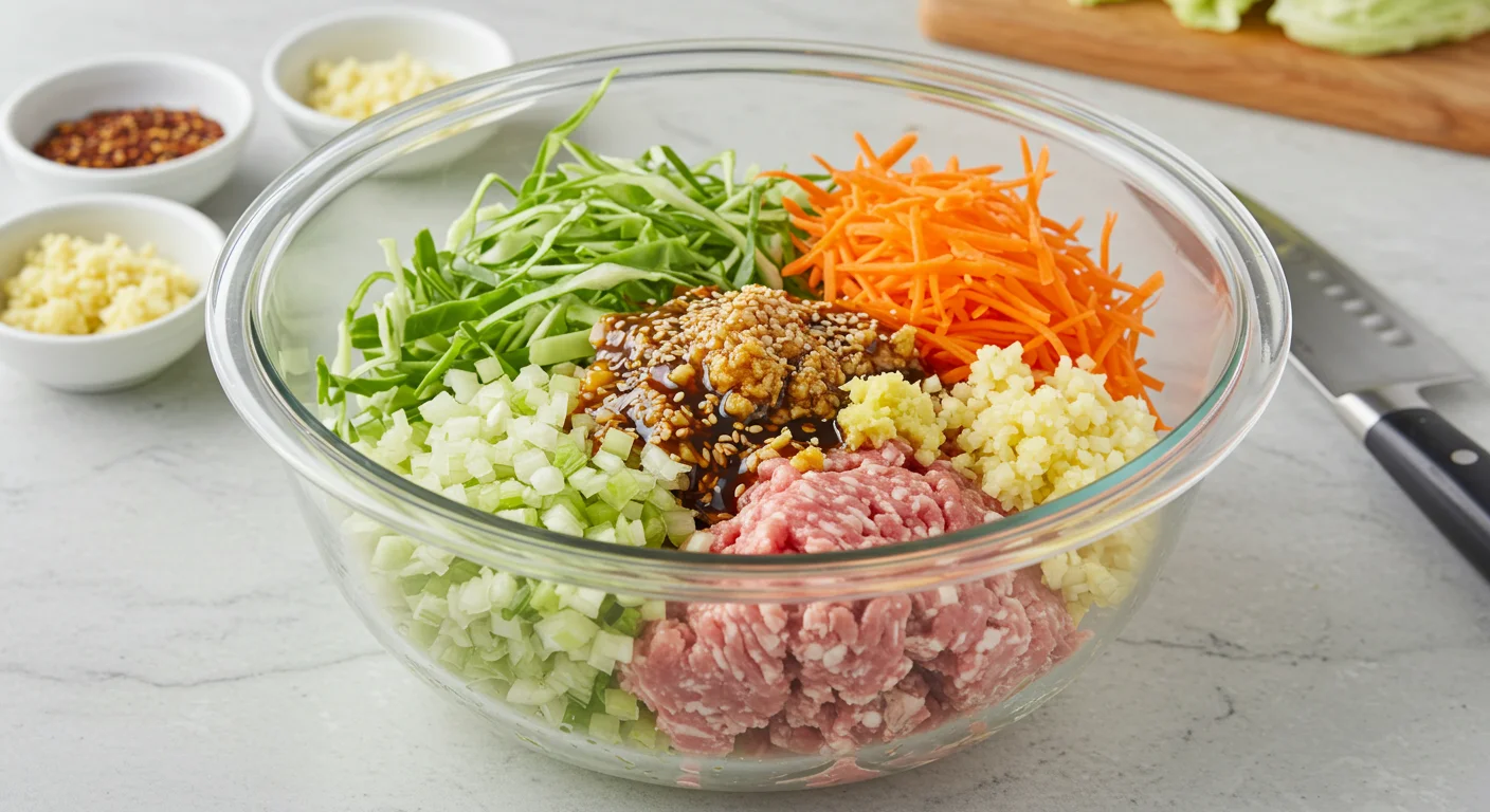 High-Protein Egg Roll Bowls Ingredients for High-Protein Egg Roll Bowls in a glass bowl, including cabbage, carrots, onions, pork, garlic, and ginger with sesame oil and soy sauce on a kitchen countertop.