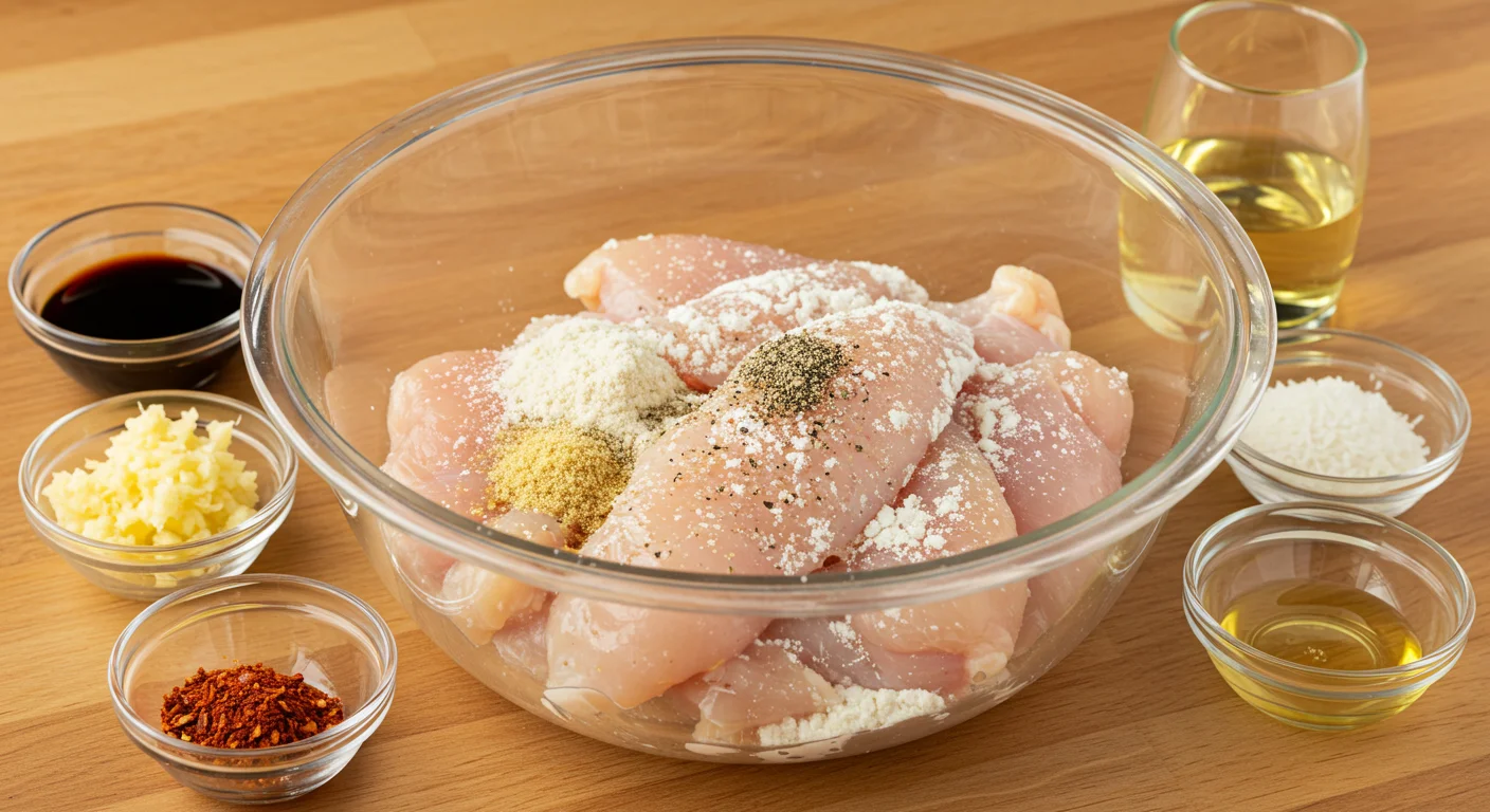 High-Protein Honey-Garlic Chicken Tenderloins Raw chicken tenderloins coated with cornstarch, garlic powder, and pepper in a glass bowl, surrounded by small dishes of tamari, honey, garlic, and seasonings on a wooden countertop.