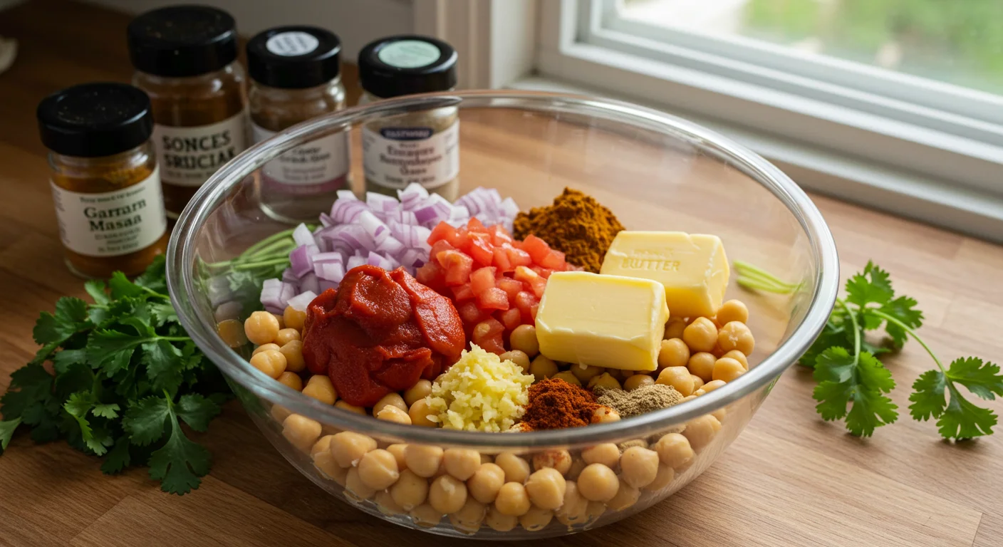 High-Protein Butter Chickpeas High-Protein Butter Chickpeas ingredients in a glass bowl: chickpeas, tomato paste, spices, and butter on a bright kitchen counter.