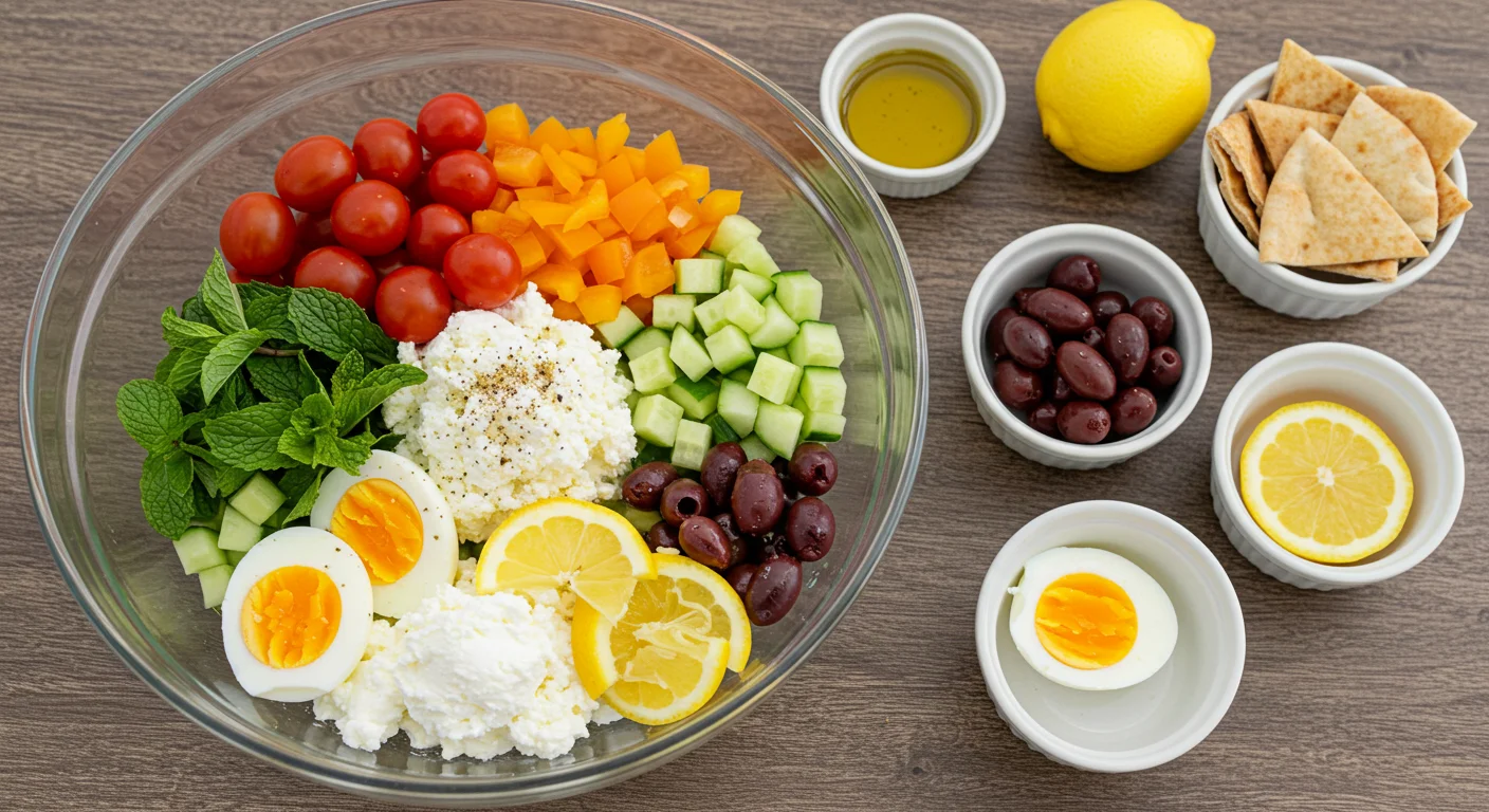 High-Protein Cottage Cheese Salad Ingredients for a High-Protein Salad Cottage Cheese Bowl in a glass bowl or small ceramic bowls, including cherry tomatoes, cucumbers, bell peppers, olives, eggs, mint, and cottage cheese.