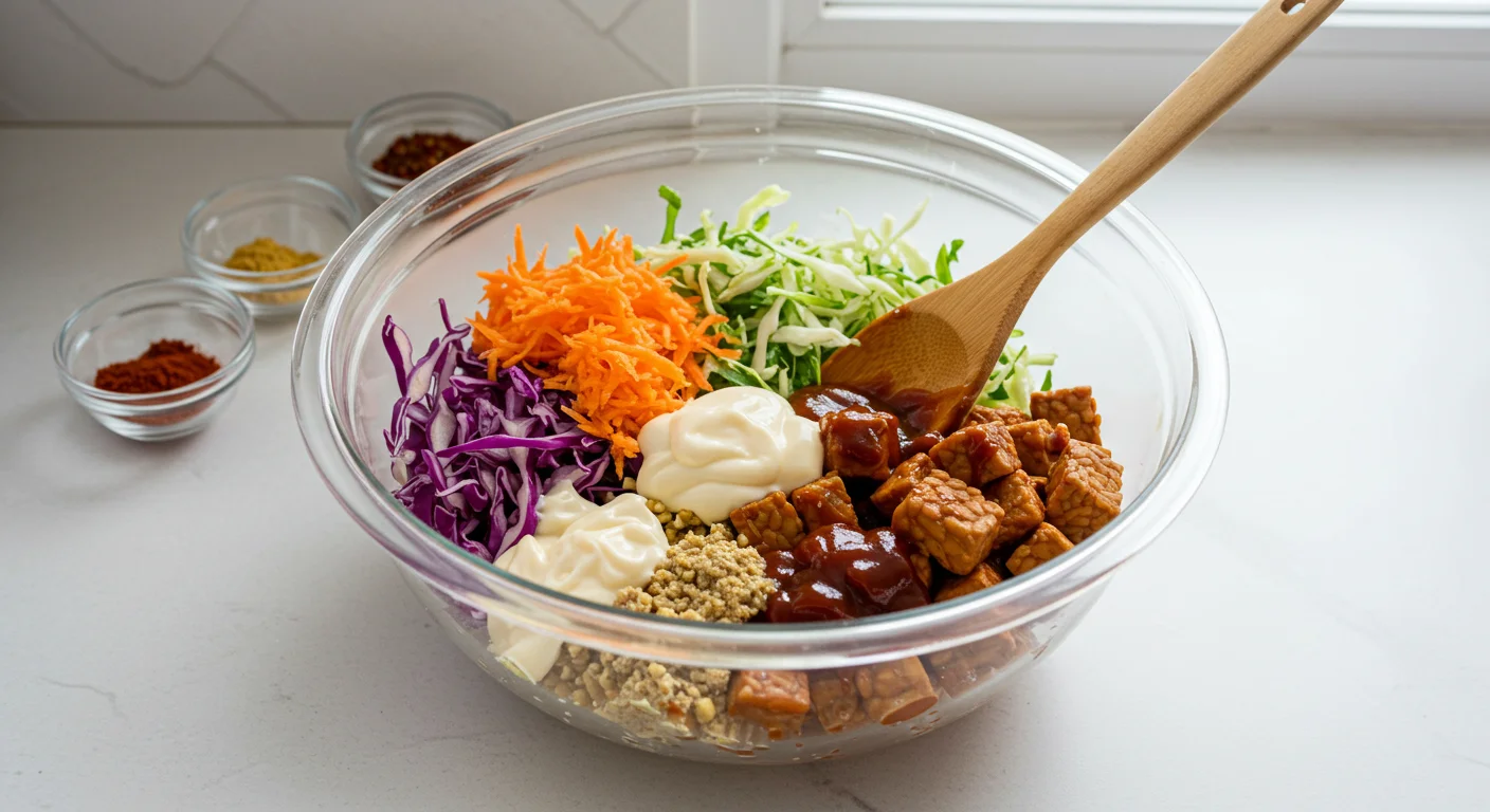 High-Protein BBQ Tempeh Sandwich Glass bowl with shredded cabbage, grated carrots, shallots, mayo, and BBQ tempeh on a white countertop with spice bowls nearby.