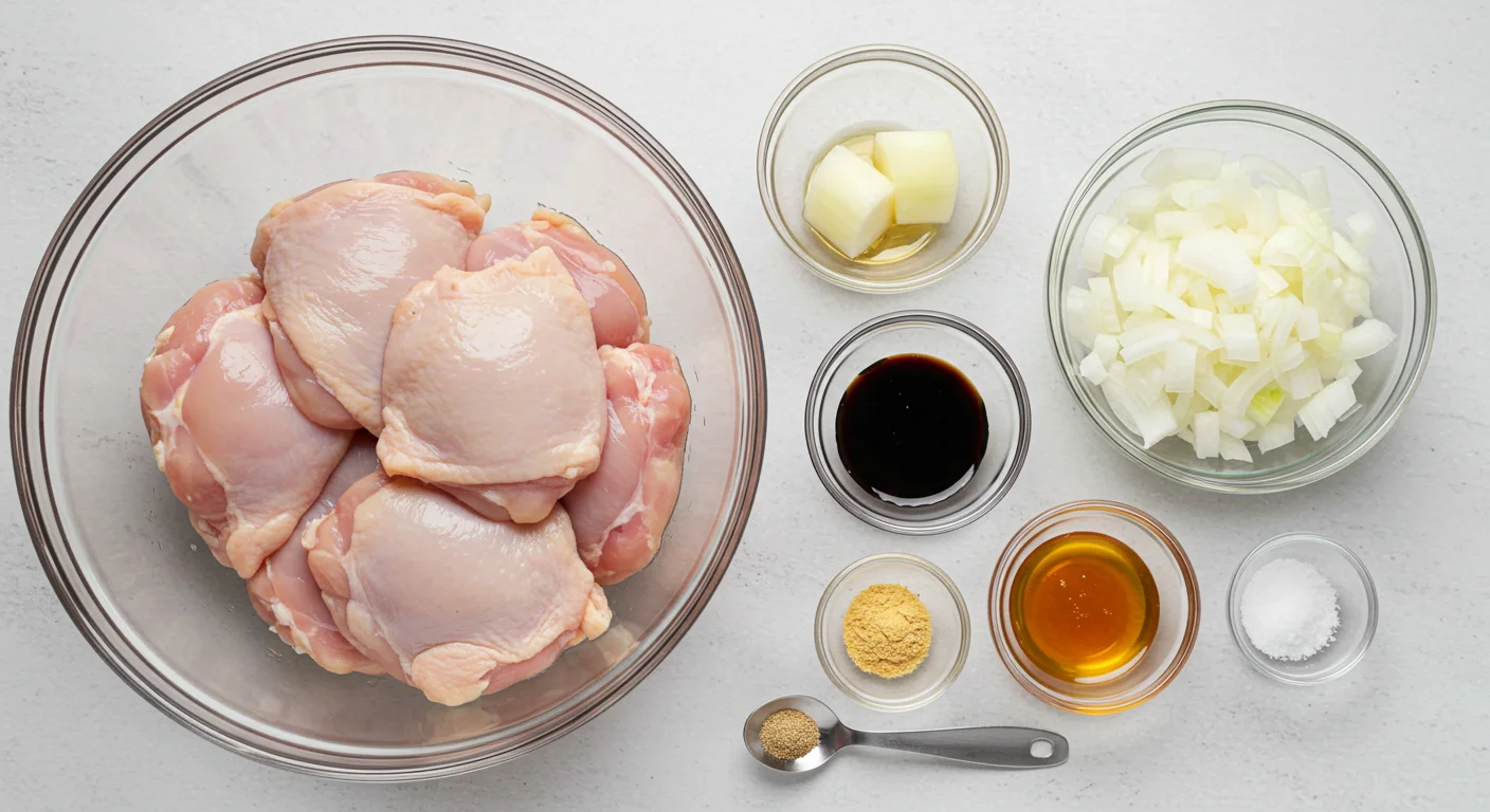 High-Protein Balsamic Chicken Thighs Ingredients for balsamic chicken thighs in a glass bowl, including raw chicken, onions, balsamic vinegar, honey, and spices, on a kitchen counter.