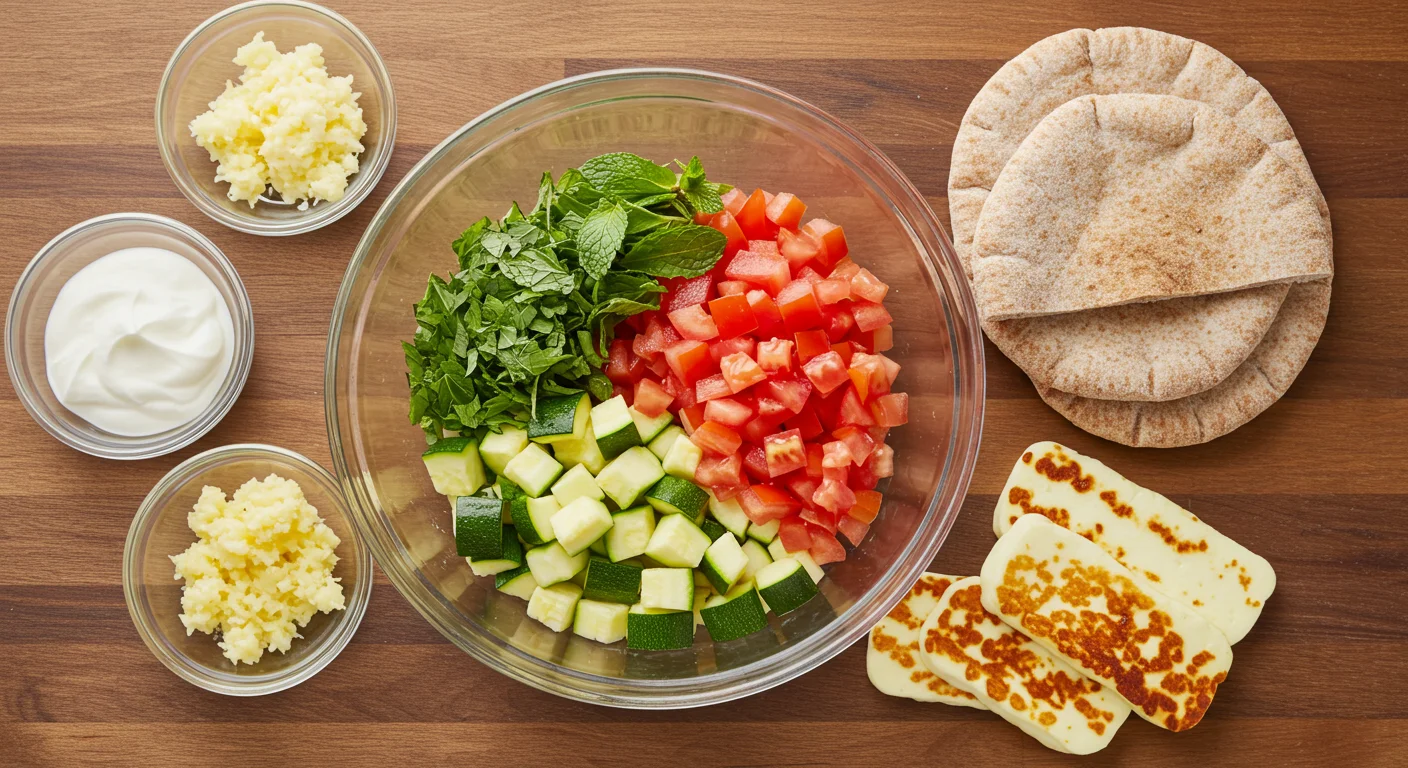 High-Protein Grilled Halloumi Pita Wraps Ingredients for high-protein Grilled Zucchini & Halloumi Pitas in a glass bowl, surrounded by small bowls with yogurt, halloumi, garlic, and pita on a wooden table.