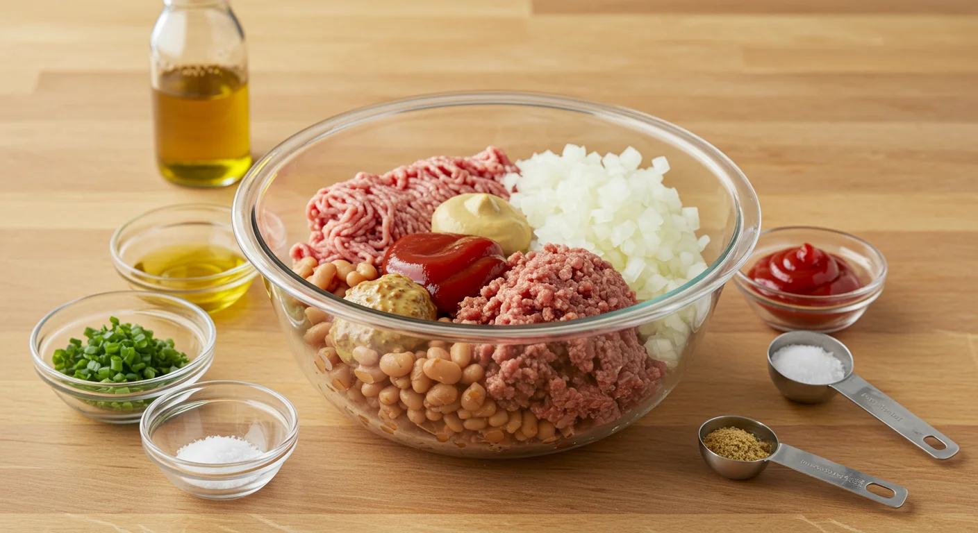 High-Protein Baked Beans with Ground Beef Ingredients for high-protein baked beans with ground beef in a glass bowl, surrounded by small ramekins with chives, olive oil, and seasonings on a wooden counter.
