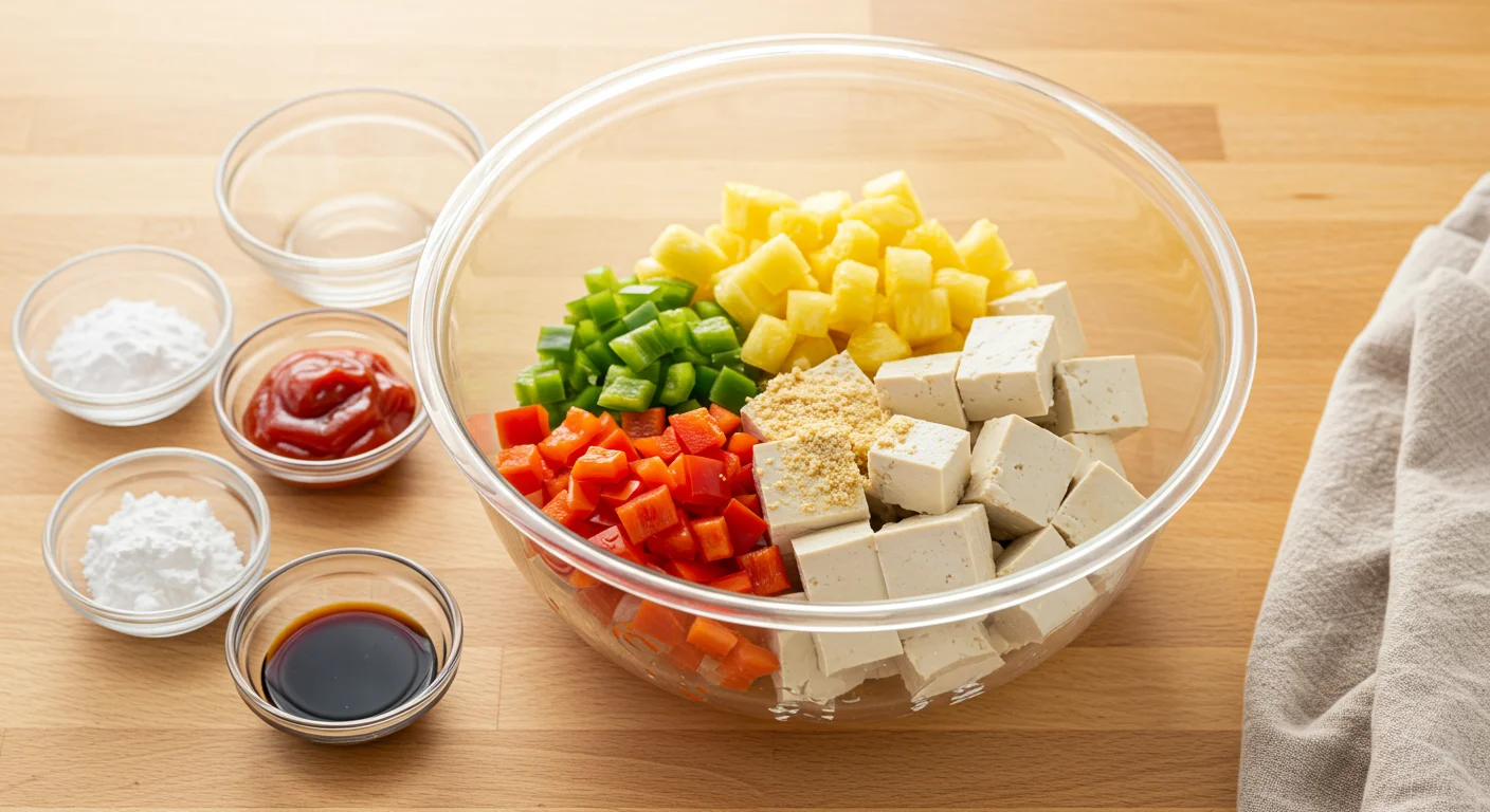 High-Protein Sweet & Sour Tofu Glass bowl with tofu cubes, bell peppers, pineapple chunks, and sauce ingredients on a wooden countertop in natural light.