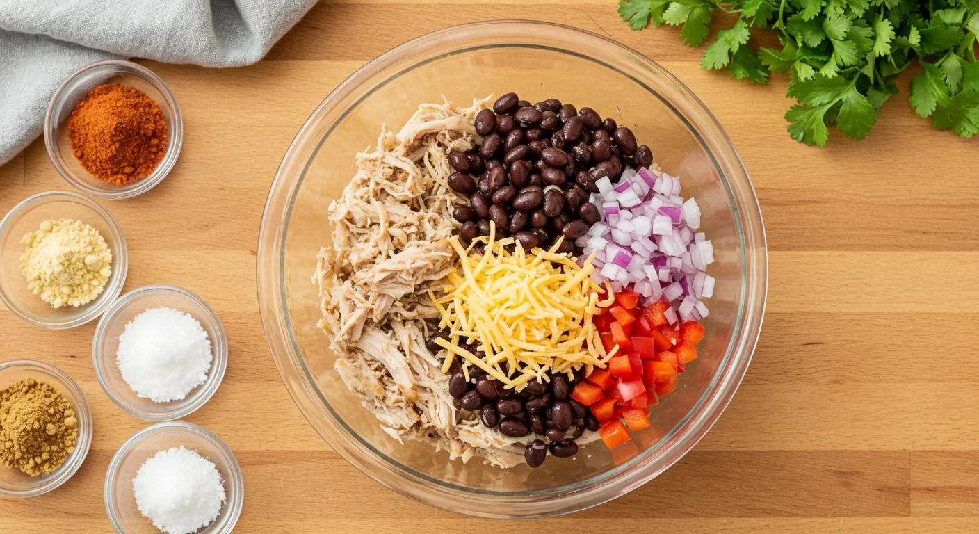 High-Protein Air-Fryer Chicken Taquitos Glass bowl with chicken, black beans, cheese, onions, and peppers on a wooden countertop with small bowls of seasonings nearby.