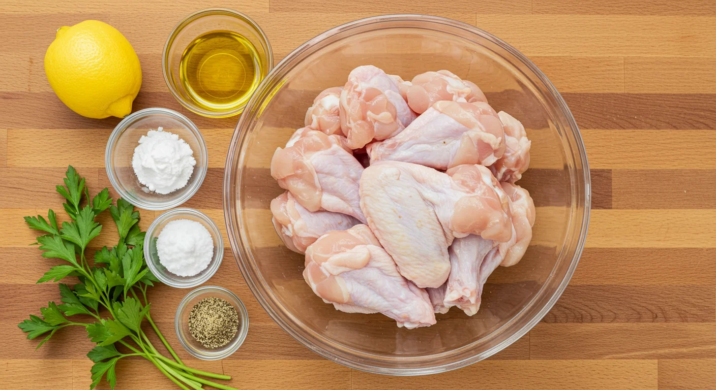 High-Protein Lemon-Pepper Chicken Wings Chicken wings in a glass bowl surrounded by small bowls of olive oil, baking powder, lemon zest, and spices on a wooden countertop.