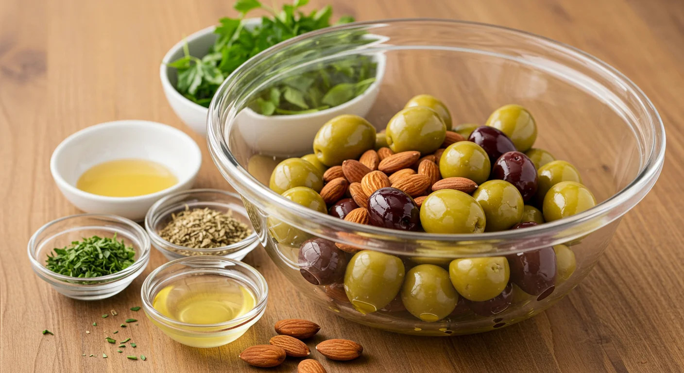 Keto Almond-Stuffed Olives Ingredients for Keto Marinated Almond-Stuffed Olives in a glass bowl with olives, almonds, and spices on a rustic table.