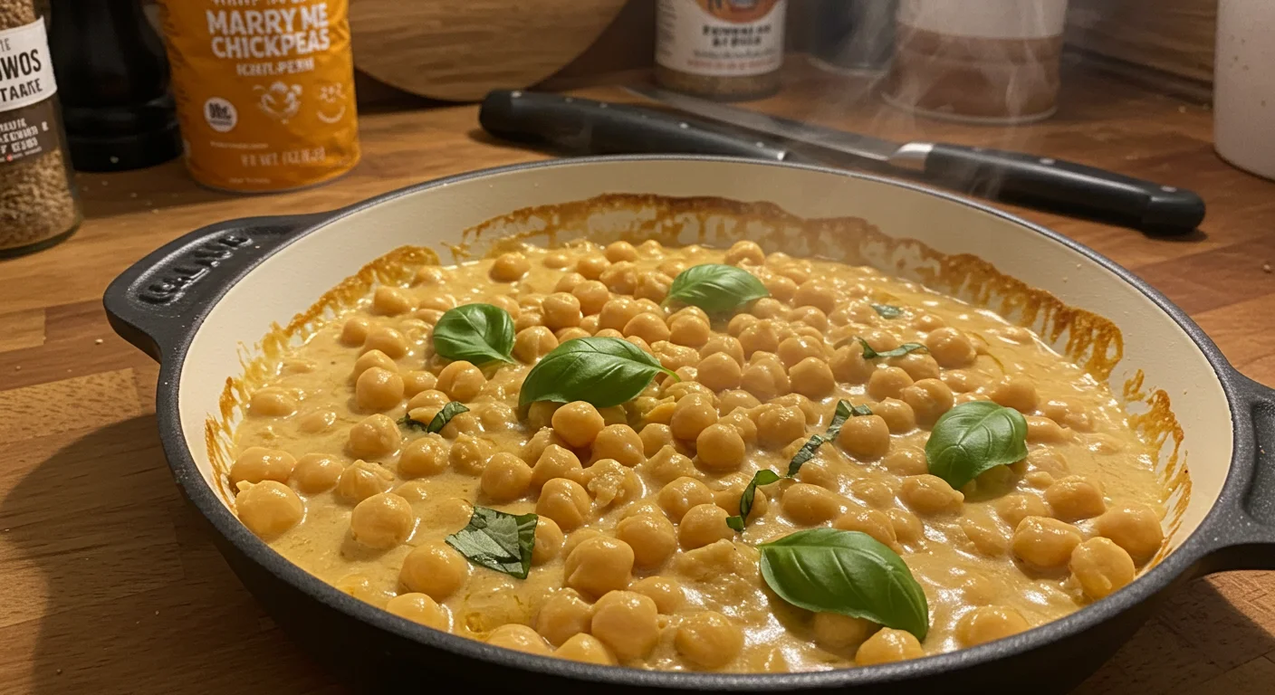 High-Protein Chickpea A handheld photo of creamy Marry Me Chickpeas in golden sauce, garnished with basil, with a rustic kitchen background of cutting board and spices.