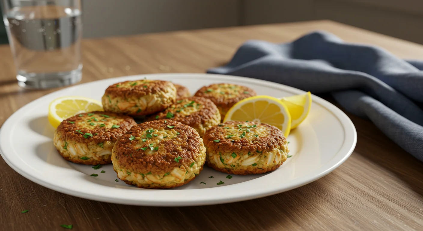 keto Crab Cakes Plate of golden keto crab cakes with lemon wedges and parsley on a wooden table.