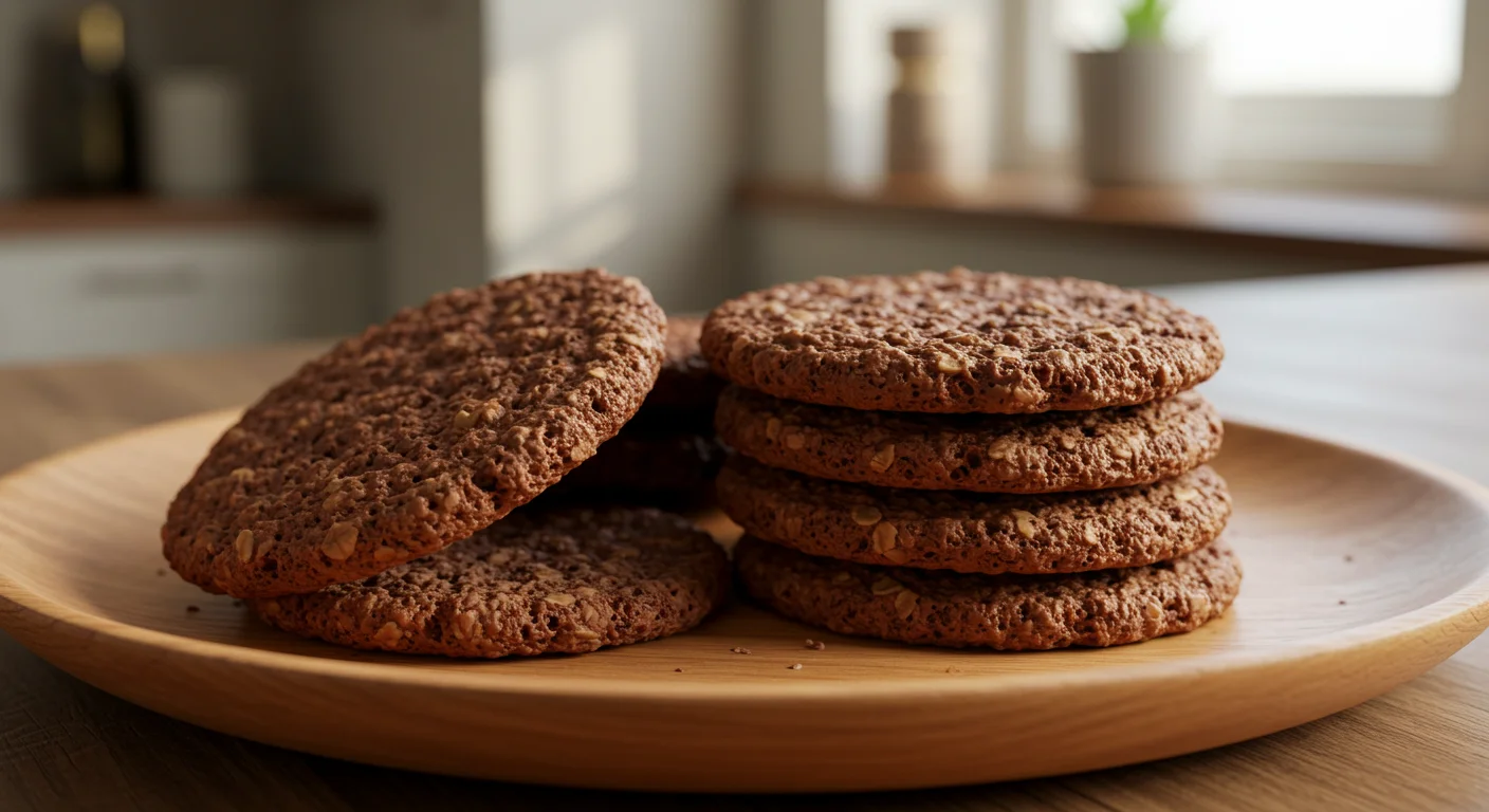 4 Ingredient WW Chocolate Oatmeal Cookies Overhead view of stacked chocolate oatmeal cookies on a wooden plate with visible oats and crispy edges, placed on a textured kitchen towel.