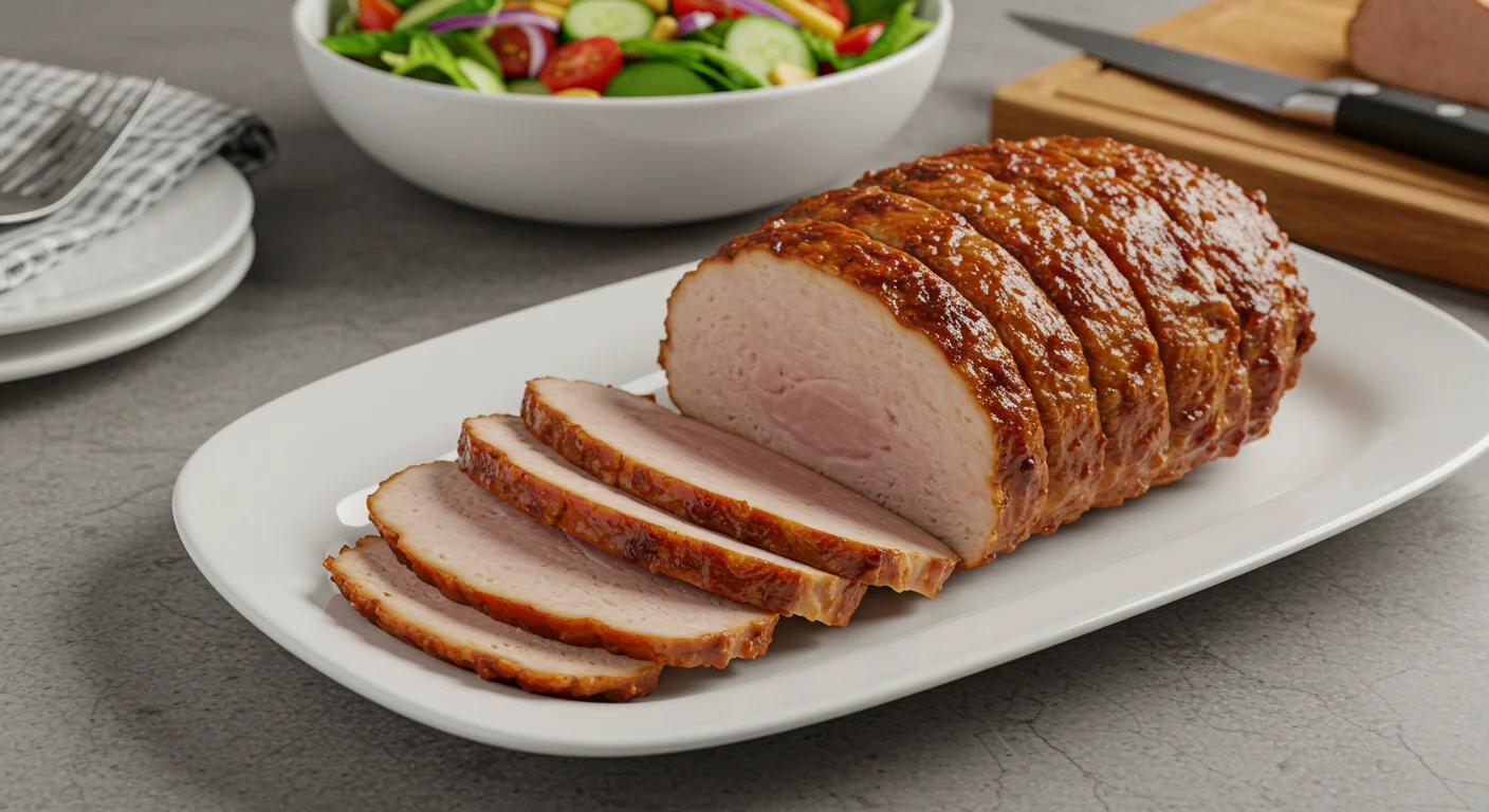 WW Glazed Turkey “Ham” WW Glazed Turkey “Ham” slices on a white platter with a salad in the background, captured in a casual, handheld camera style.