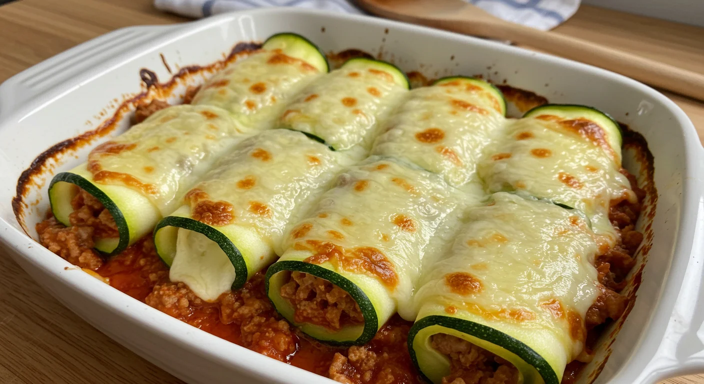 WW Zucchini Cannelloni with Pork Ragu Homemade zucchini cannelloni with pork ragu in a white dish, topped with melted mozzarella, taken in natural light with a casual, cozy setting.