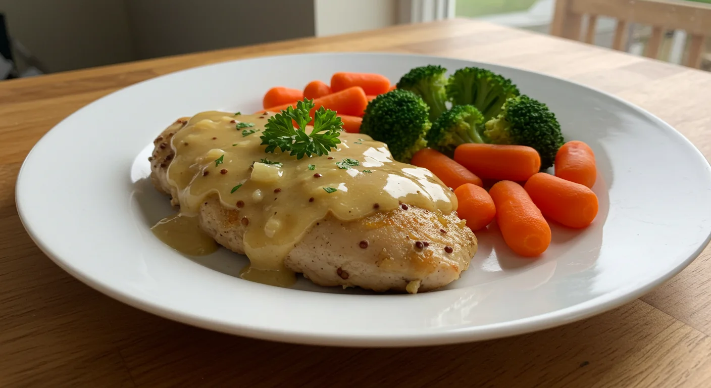 WW Instant Pot Honey Mustard Chicken WW Pot Honey Mustard Garlic Chicken on a white plate with creamy sauce, steamed carrots, and broccoli, captured casually on a wooden table.