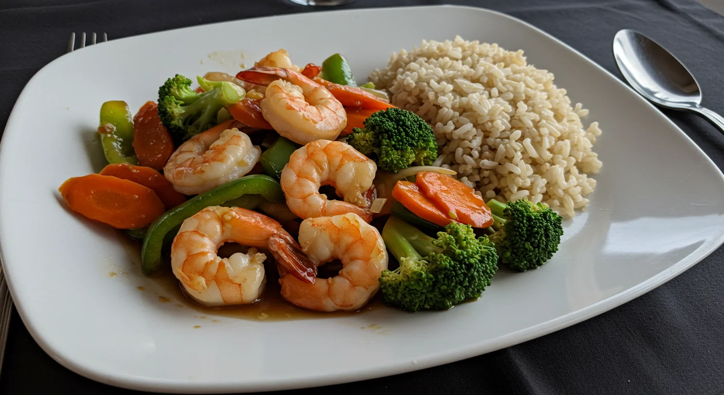 WW Shrimp Stir Fry WW Shrimp Stir Fry with veggies and brown rice on a white plate, casually photographed on a dark tablecloth.