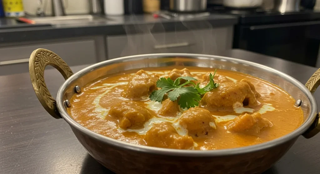 WW Slow-Cooker Butter Chicken Homemade butter chicken in a white bowl, garnished with cilantro, on a kitchen table with a cozy, casual vibe.