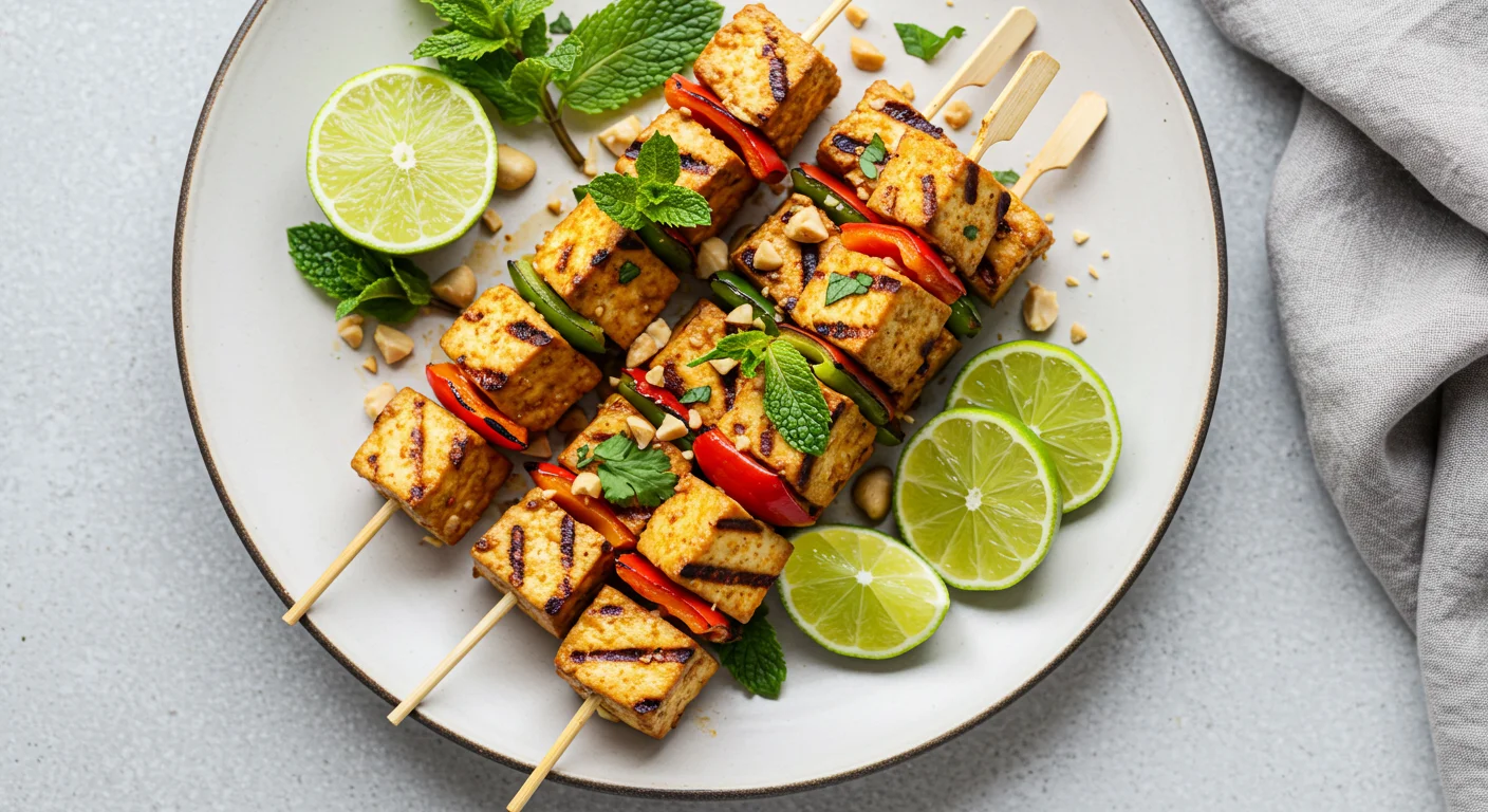 WW Satay Tofu & Peppers Plate of WW Satay Grilled Tofu and Peppers skewers, garnished with peanuts, mint, and lime, captured with a handheld camera.
