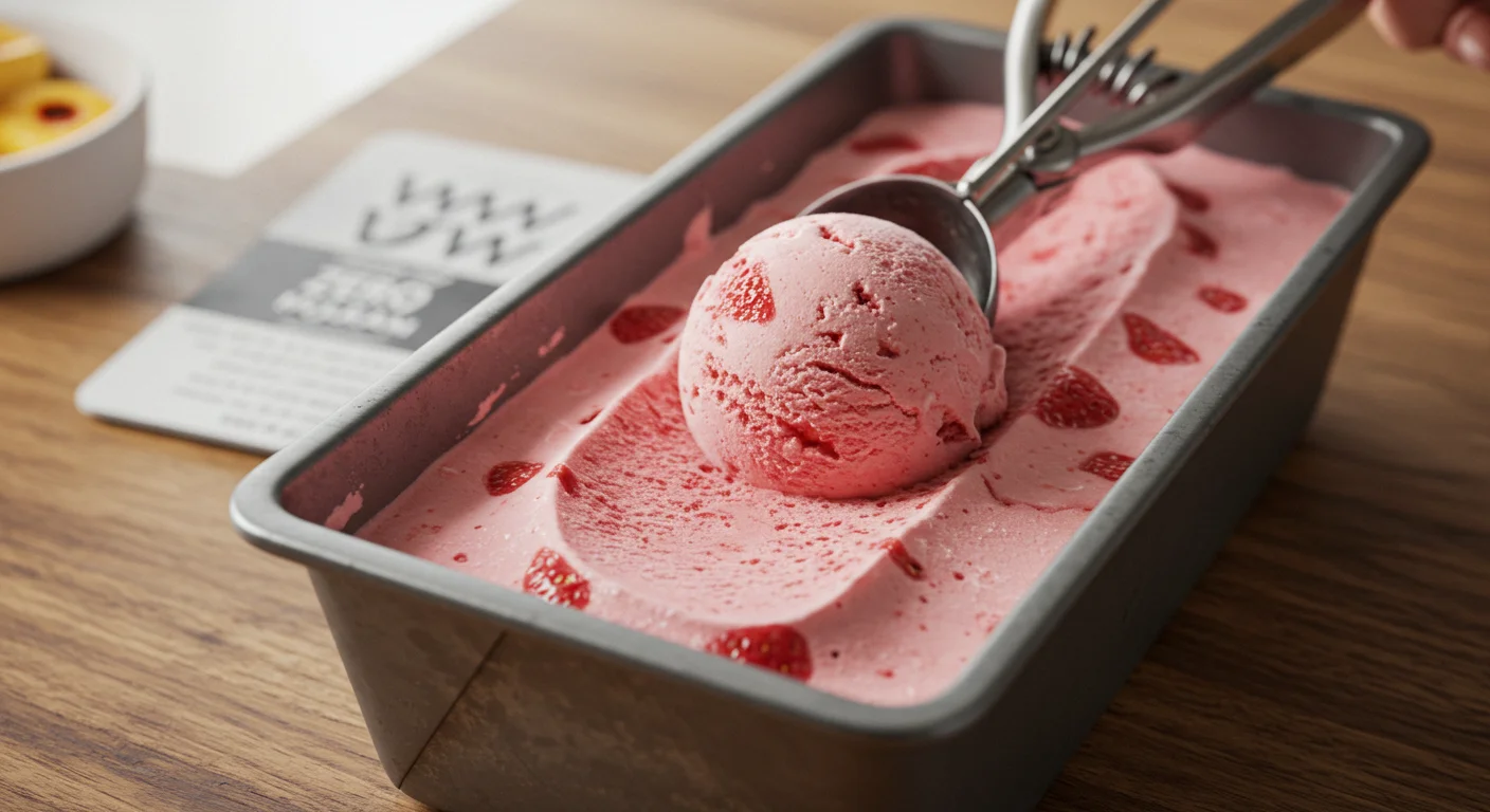 WW Zero Point Strawberry Ice Cream Handheld shot of pink WW Zero Point Strawberry Ice Cream in a metal container with a scoop on a kitchen counter.