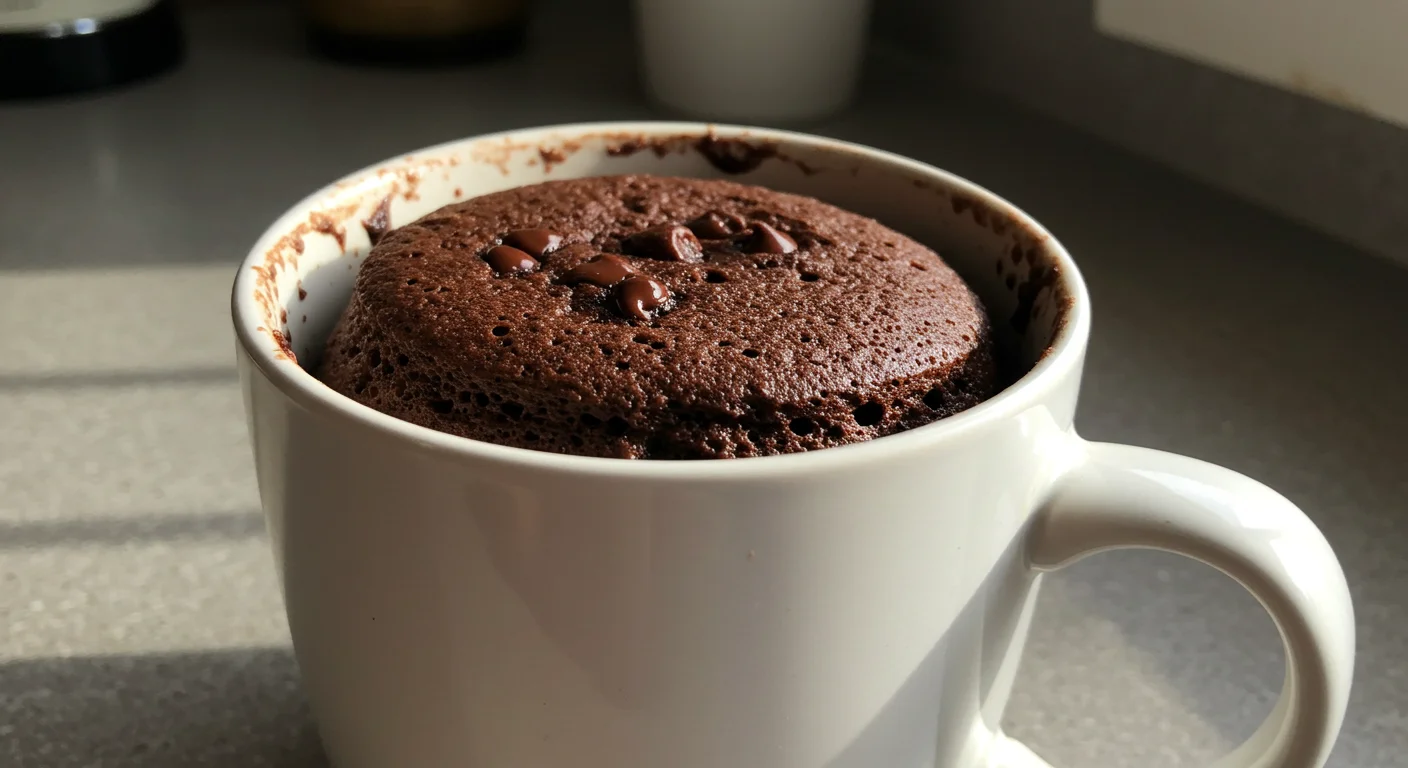 One-Point WW Chocolate Mug Cake Chocolate mug cake with melted chocolate chips in a white mug on a rustic countertop, captured in natural light.