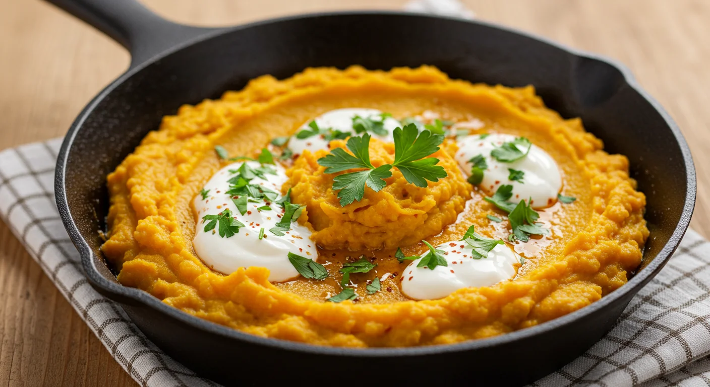 Zero-Point WW Spiced Pumpkin Mash Cast iron skillet of spiced pumpkin mash topped with yogurt, parsley, and paprika on a wooden table with a plaid kitchen towel, captured in natural light.
