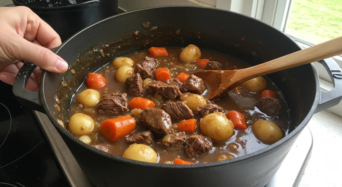 WW Beef Stew WW beef stew in a cast-iron pot with beef, carrots, potatoes, and thick broth, captured with a wooden spoon on a kitchen counter.