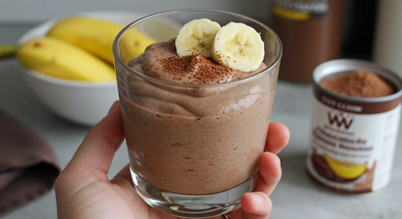 WW Zero Point Chocolate Banana Mousse Handheld shot of creamy WW Chocolate Banana Mousse in a glass, topped with banana slices and cocoa powder. Blurred kitchen counter with bananas in the background.