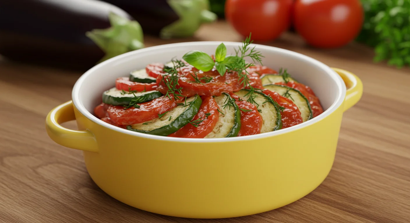 WW Zero Point Ratatouille WW Zero Point Ratatouille in a yellow bowl, colorful veggies in tomato sauce, garnished with basil and dill, captured casually on a wooden table.