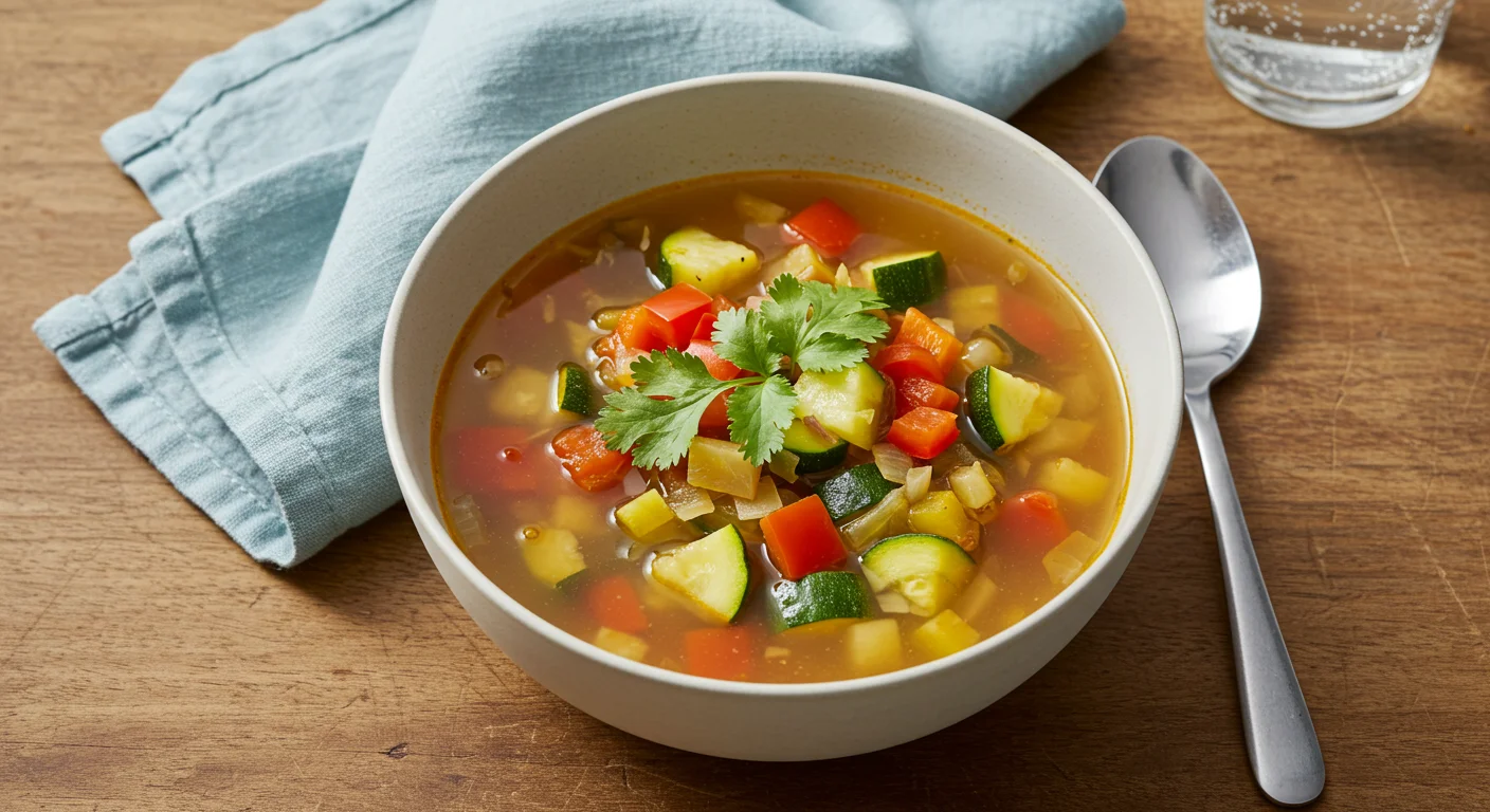 WW Veggie Soup A bowl of WW Veggie Soup with vibrant zucchini, peppers, and cilantro, placed on a wooden table with a kitchen towel and water in the background.