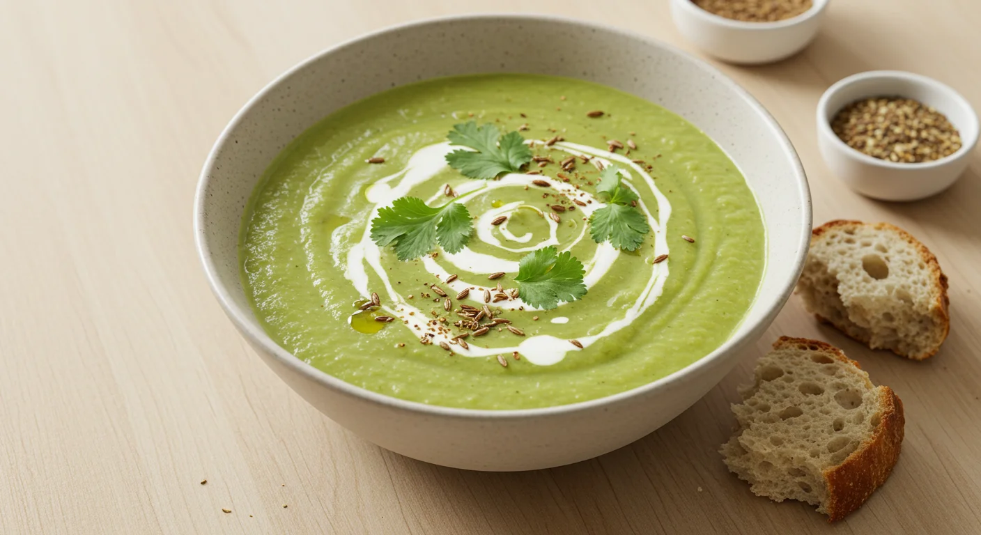 WW Zucchini Soup Handheld photo of WW zucchini soup in a bowl, topped with yogurt swirl, coriander, and cumin seeds, with bread and seasoning on a wooden table.