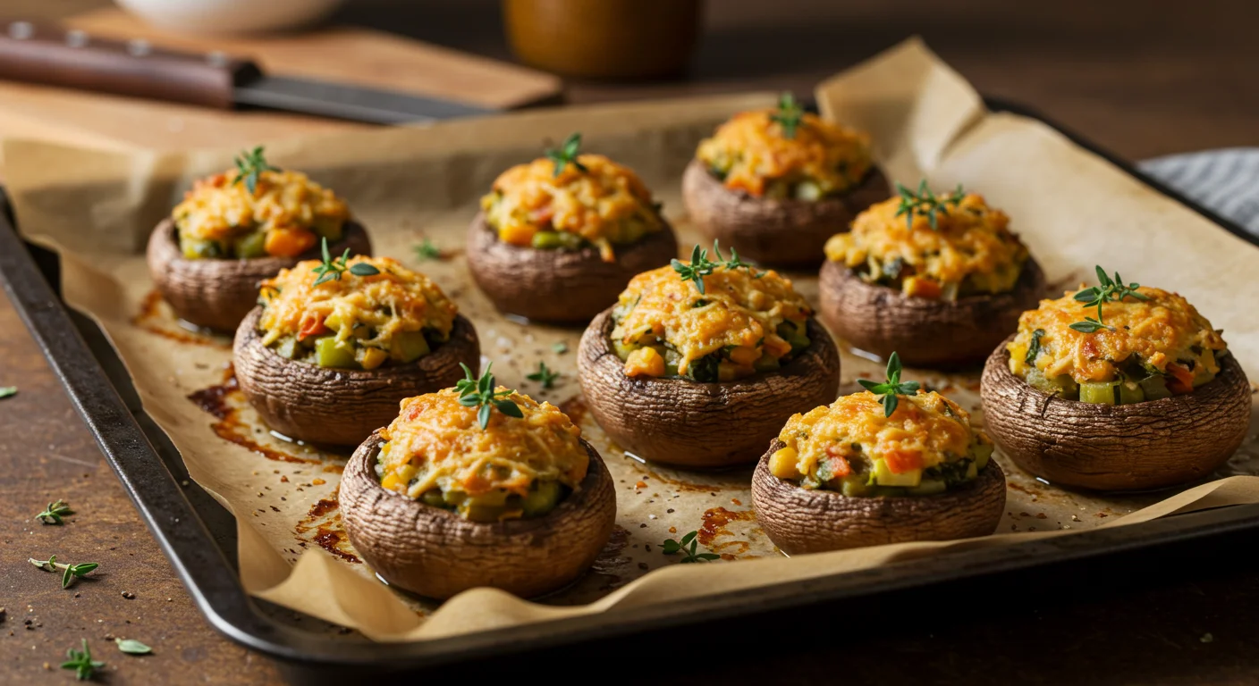 WW Stuffed Mushrooms Baked WW stuffed mushrooms on a parchment-lined tray, golden and filled with herbs, captured in a casual, handheld style.