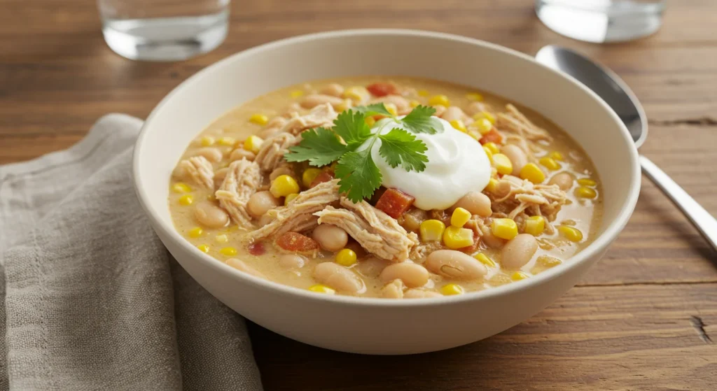 WW Zero Point White Chicken Chili A handheld photo of creamy WW zero-point white chicken chili in a bowl with beans, chicken, cilantro, and yogurt, on a rustic wooden table.