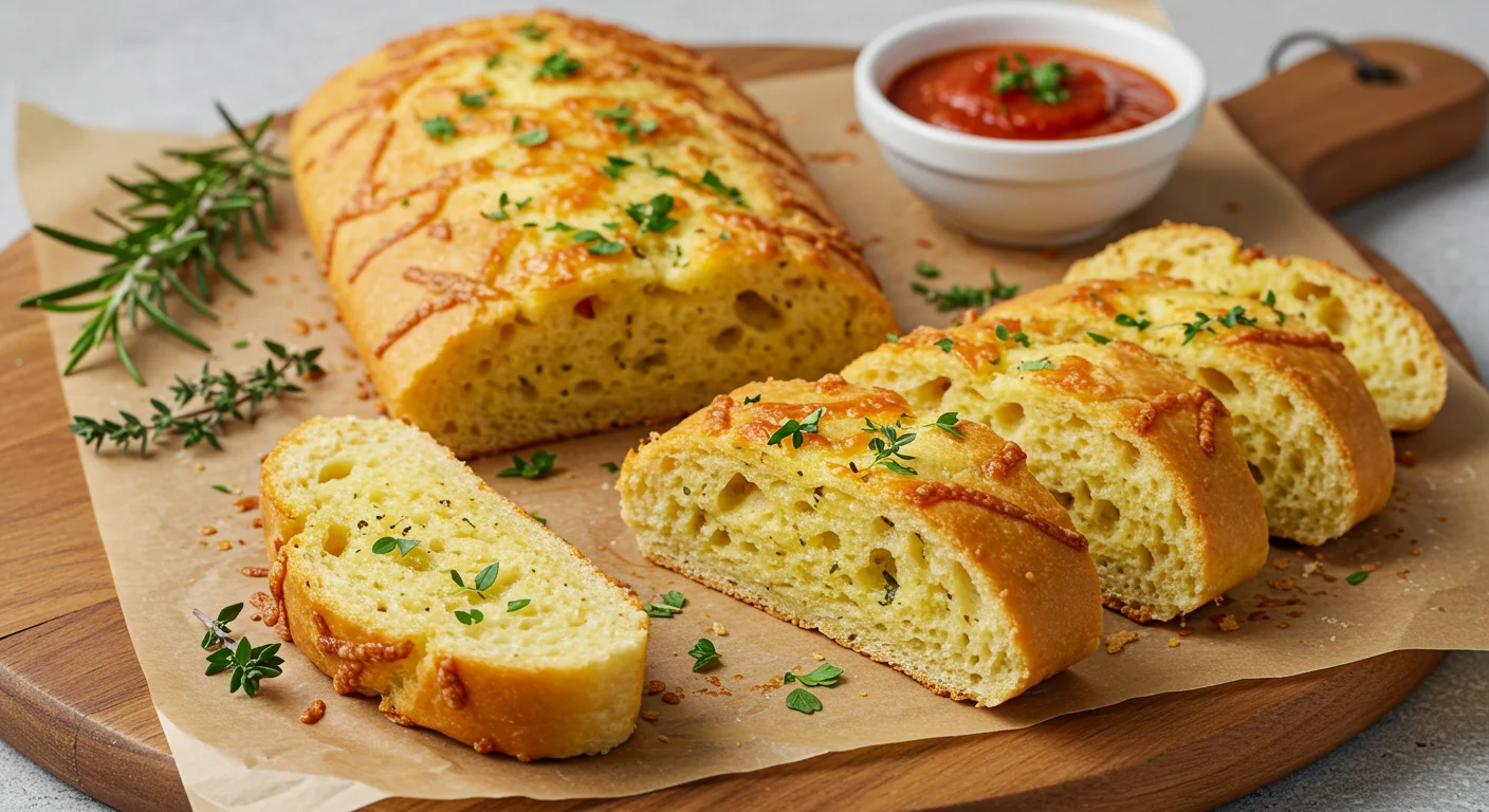 Cheesy Keto Garlic Bread Sliced cheesy keto garlic bread on parchment paper with marinara sauce and herbs, captured casually with a handheld camera.