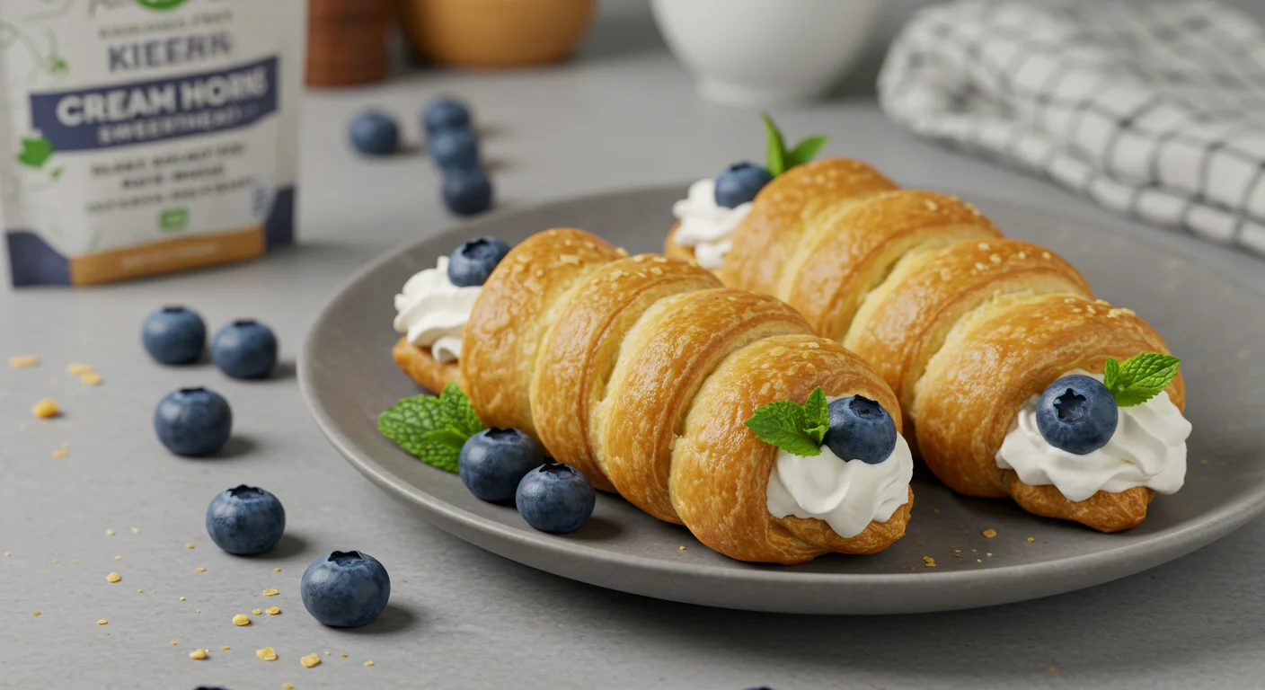 Keto Cream Horns Homemade Keto Cream Horns on a gray plate, filled with whipped cream, blueberries, and mint, captured with a casual handheld style.