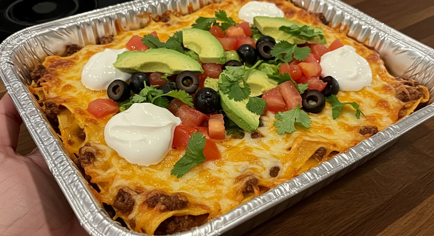 Mexican Keto Taco Lasagna Freshly baked Mexican Keto Taco Lasagna in a foil pan, topped with cheese, sour cream, avocado, tomatoes, and cilantro in a rustic handheld shot.